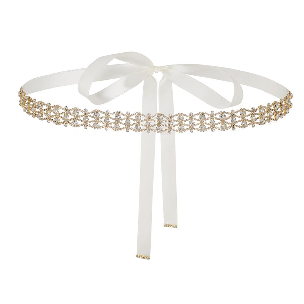 Urieo Rhinestone Wedding Belt Crystal Bridal Belts with Beige Ribbon Bride Bridesmaid Dress Party Sash Belts for Women and Girls