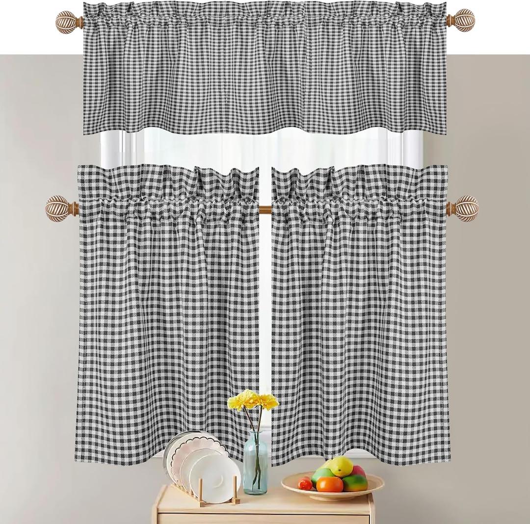 Mini Gingham Check 3 Piece Kitchen Curtain Set, 2 Tiers 26x36 Inch & 1 Valance 54x18 Inch, 100% Cotton, Semi Sheer, Rod Pocket Short Curtains for Farmhouse, Cafe, Bedroom, Grey White
