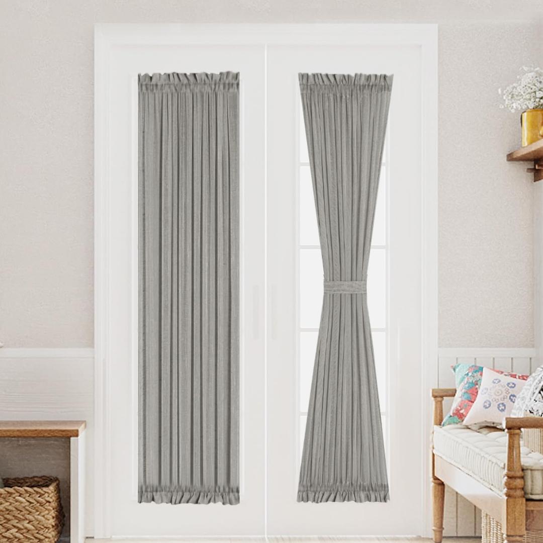 Turquoize Elegant Linen French Door Curtains Light Filtering Curtain Panels Rod Pocket Linen Panel for Glass Door with Tie-Back Privacy Assured Semi Sheer Door Panels, 25" W by 72" L, 2 Panels, Grey