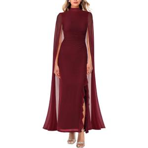 Lrady Women's Wedding Guest Dress Evening Gowns High Neck Formal Cocktail Party Maxi Bodycon Dresses with Cape Sleeve, Wine Red