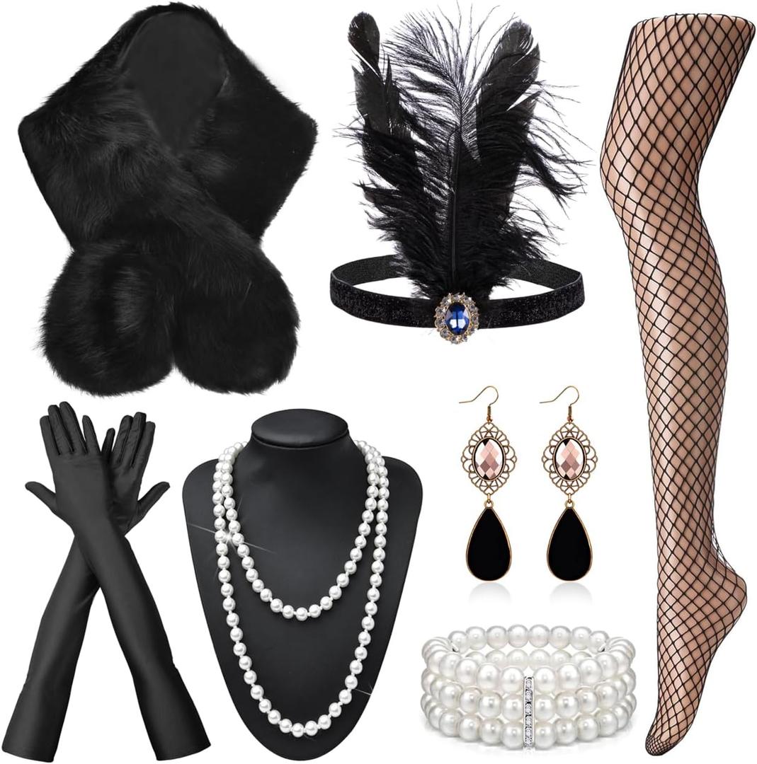 EIELO 1920s Great Gatsby Accessories Set for Women Faux Fur Shawl Wrap Headpiece Headband Flapper Costume