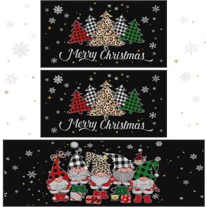 Tinideya 3 Pcs Christmas Kitchen Rug Set Christmas Non Slip Thick Kitchen Rug and Mat Stain Resistant Rustic Xmas Decorations Area Rug for Home Bathroom Kitchen Outdoor (Dark Color,Cute Style)