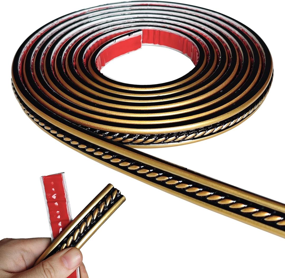 Peel and Stick Molding Trim Self Adhesive Flexible Wall Trim Crown Molding 3D Strip for Tile Wood Wall Panels Picture Mirror Frame Border Edge Corner Ceiling Wallpaper Decor (Black Gold, 200in)