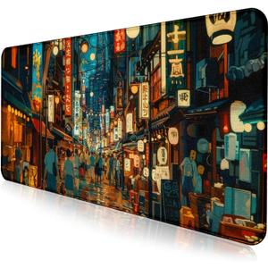 Cute Japanese Street Desk Mat, Anime Tokyo Street Night Scene Large Mouse Mat XXL, Computer Desk Mat 35.4 x 15.7 x 0.12 Inches
