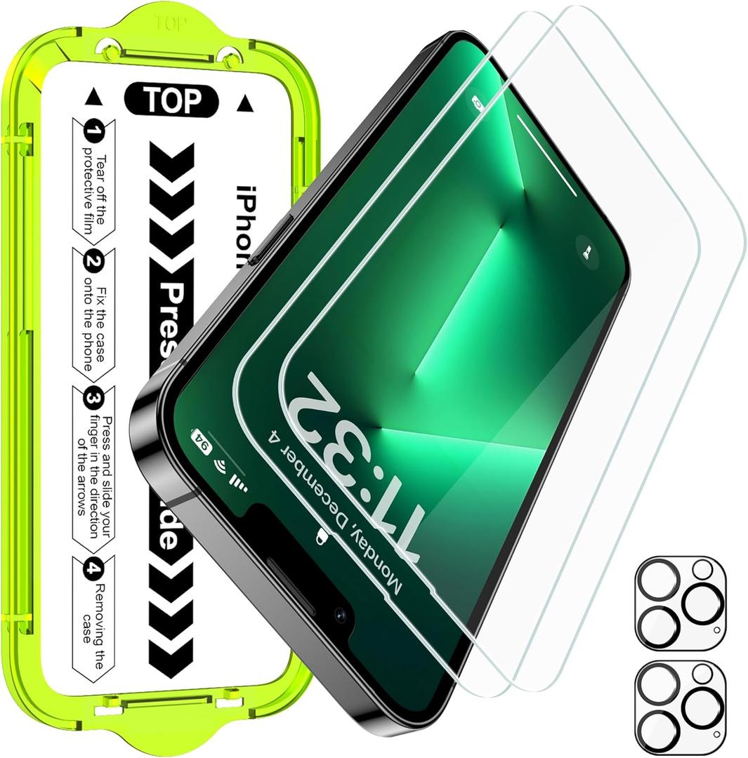 Esanik [2+2 Pack for iPhone 13 Pro Tempered Glass Screen Protector & Camera Lens Cover - Military-Grade 9H Hardness, HD Clear, Anti-Scratch, Flawless Fit Tray