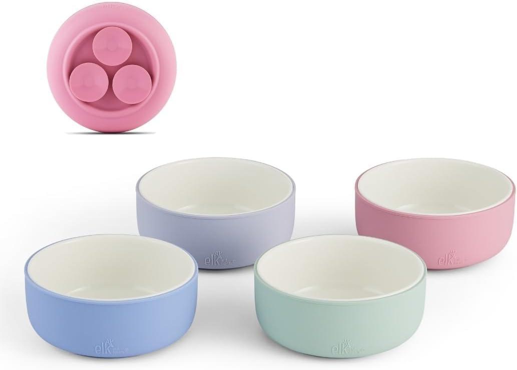 Elk and Friends Kids Porcelain Bowls with Silicone Suction Sleeves | Suitable for Babies/Toddlers | Microwave & Dishwasher Safe | Stay Put Dinnerware | Snack Dishes | 4 Pack (Lilac/Misty Blue/Sage/Blush)