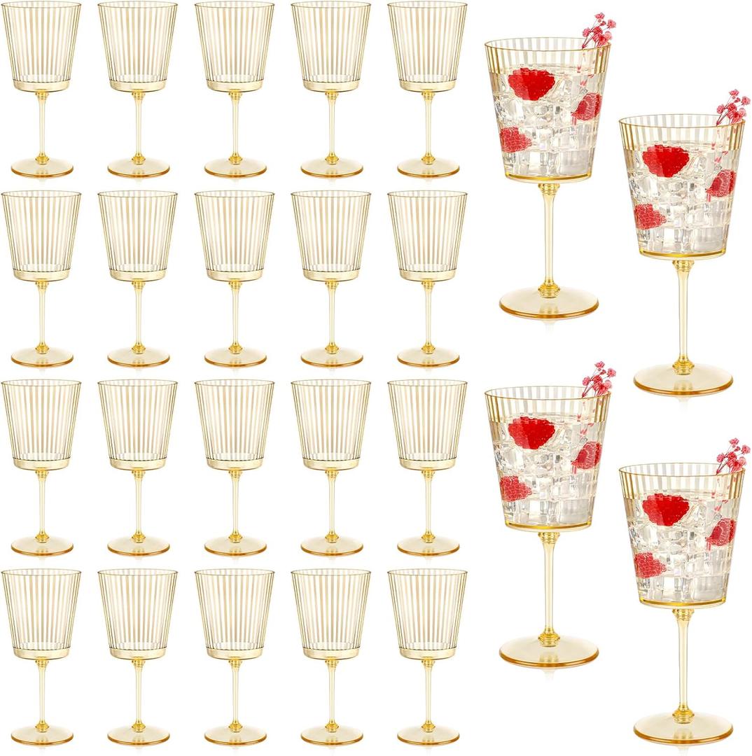 24 PCS Gold Ribbed Plastic Wine Glasses 13.5 OZ Ribbed Wine Glasses Detachable Wine Glass Elegant Fluted Glassware Vintage Style for Wedding Anniversary Birthday Dinner Parties