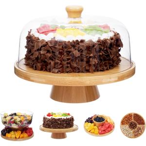 Bamboo Cake Stand with Lid, 6-in-1 Multifunctional Cake Plate, Cake Holder, Serving Tray, Fruit Platter, Salad Bowl, Dessert Table Display & Acrylic Cake Dome Cover (Wood)