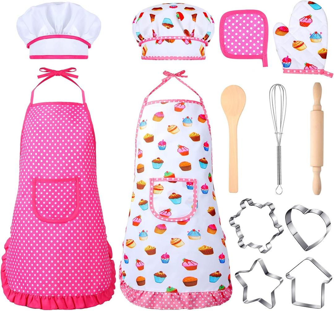 Cunhill 13 Pcs Kids Cooking and Baking Set Chef Costume Kids Toddler Dress up Pretend Play Kitchen Toys Birthday Children Chef Role Play Sets for 2 to 6 Year Old Girls