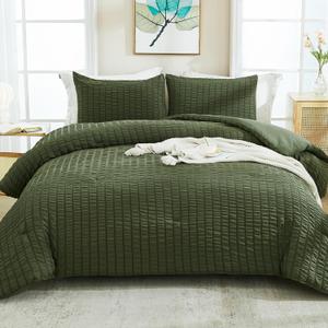 AveLom Dark Olive Green Seersucker King Comforter Set (104x90 inches), 3 Pieces-100% Soft Washed Microfiber Lightweight Comforter with 2 Pillowcases, All Season Down Alternative Bedding Set