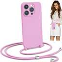Blaspins Crossbody Lanyard Strap Case for iPhone 15 Pro Max, Hands-Free Neck Cross Body Wrist, Adjustable Rope Removable Drop Protection Shockproof Silicone Case 6.7 inch 150 cm Strap, iP15PM - Pink