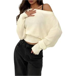 RoseSeek Women's Off The Shoulder Sweater Long Sleeve Knit Pullover Cinched Waist Tops Trendy Fall Outfits (White, Small)
