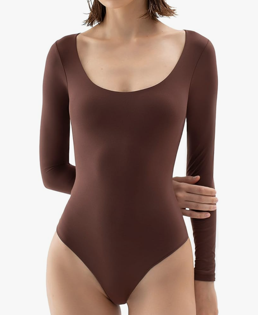 PUMIEY Women's Scoop Neck Long Sleeve Bodysuit Body-hugging Sexy Tops Smoke Cloud Collection Tiramisu