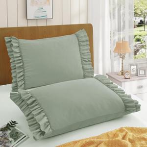 RUDONG M Ruffled Pillow Cases Set of 2, King Microfiber Pillowcases, Decorative Ruffle Pillow Covers with Envelope Closure, 20x36 Inches Sage Green Boho Pillow Shams
