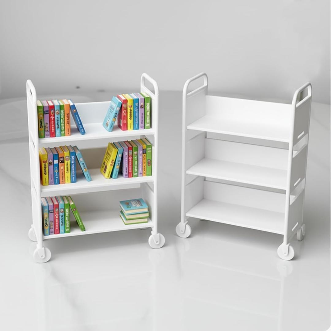 1/6 Scale Miniature Library Cart – 3-Tier Book Trolley Display Stand for Mini Collections, 3D Printed Bookshelf Model, Aesthetic Desk Decor & Book Lover Gift, 2pc (White)