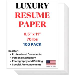 70lb Luxury Resume Paper, Bright White 8.5" x 11" Business Paper | 100 Sheets, Perfect for for Resumes, Letterhead, Invitations, and Professional Documents
