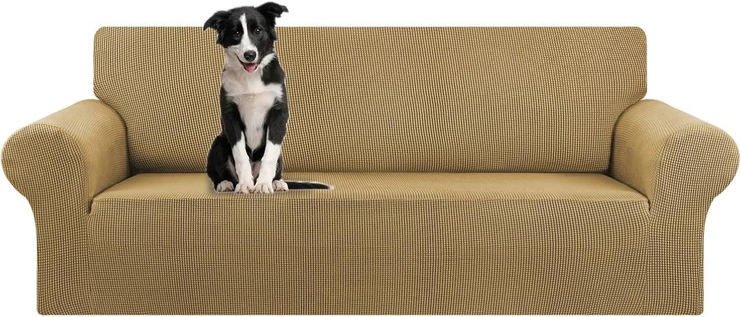 KEKUOU Stretch Oversized Sofa Slipcover 1 Piece Couch Sofa Cover (94"-110") Furniture Protector 4 Seater Sofa with Elastic Bottom for Kids,Pet.Jacquard Checked Pattern Fabric(X Large,Tan)