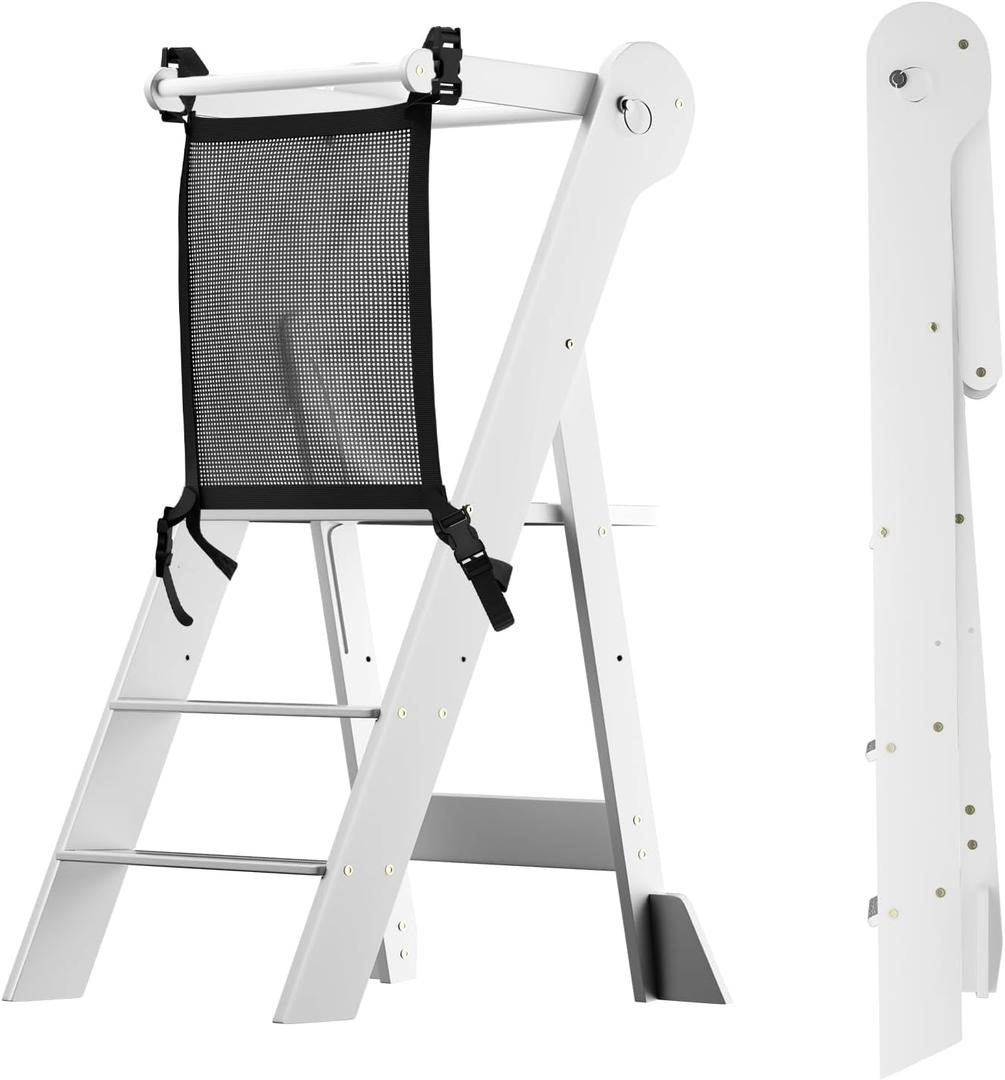 COSYLAND Foldable Toddler Kitchen Stool Helper - Height Adjustable Kitchen Standing Tower for Bathroom Sink or Counter - Step Stool for Toddlers Ages 18 Months to 6 Years White