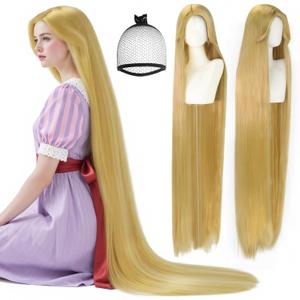 (Wig Cap + Long Blonde Wigs for Women 160 cm/62 Inch Long Straight Synthetic Hair Princess Cosplay Wigs for Women Fairy Tale Straight Blonde Costume Wig for Halloween Party Princess Outfit