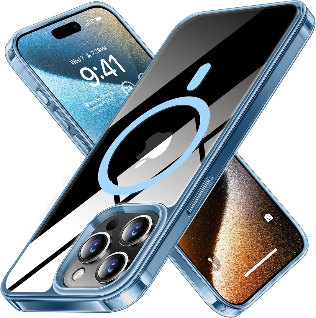 TORRAS Magnetic for iPhone 15 Pro Max Case, [Compatible with MagSafe] [Non-Yellowing] 12FT Military Grade Drop Tested Slim Protective Anti-Scratch Cover, Guardian Series, Crystal Clear Blue 6.7"