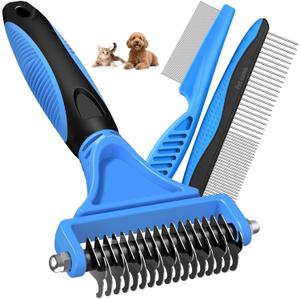 3 x 3PCS Pet Grooming Rake & Metal Comb & Flea Comb for Cats and Dogs, Double-Sided Dematting Tool, Extra-Wide Deshedding Dog Brush for Long Hair to Effectively Remove Tangles, Knots and Mats (Blue)