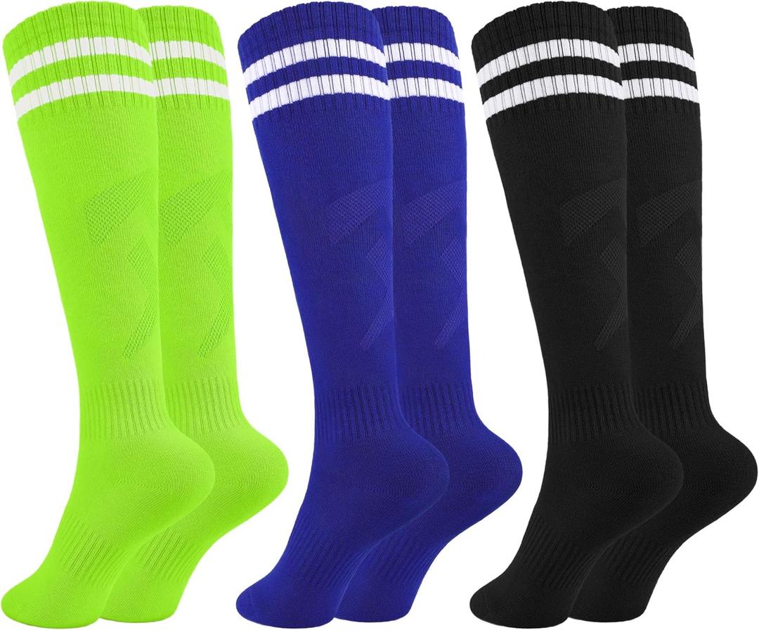 Glooarm 3 Pairs Kids Soccer Socks Baseball Uniform Striped Knee High Socks Cotton World Cup for Boys Girls (Black, Blue, Light Green, 6-9 Years)