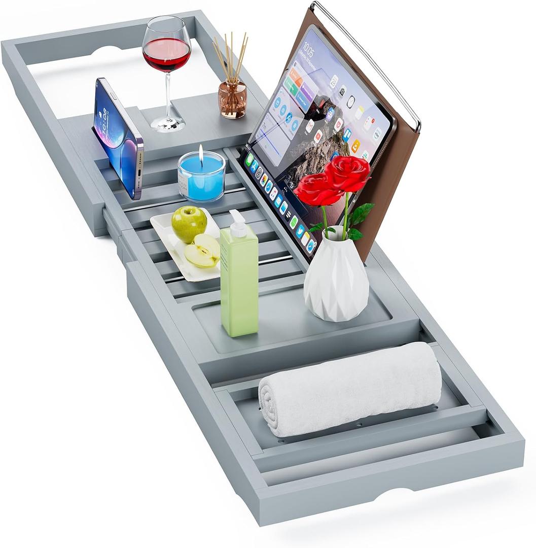 Yirilan Bamboo Bathtub Tray Caddy, 1 or 2 Person Expandable Wooden Bathroom Tray, Luxury Bamboo Bathtub Expandable, Bath Tub Table Caddy with Extending, Grey