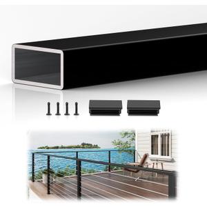 1 Pack 4FTx 2"x1" Aluminum Black Handrail with Nylon End Caps Self Drilling Screws, Rectangular Handrail Cuttable Flat Top Rail for Deck Stair Railing Indoor Outdoor Cable Railing System