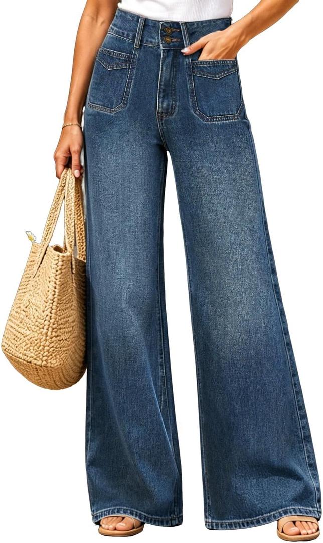 UPNET Women’s High Waisted Baggy Jeans – Stretchy Wide Leg Tummy Control Straight Leg Denim Pants Trendy Jeans for Women 2025 (Blue-14, Short)