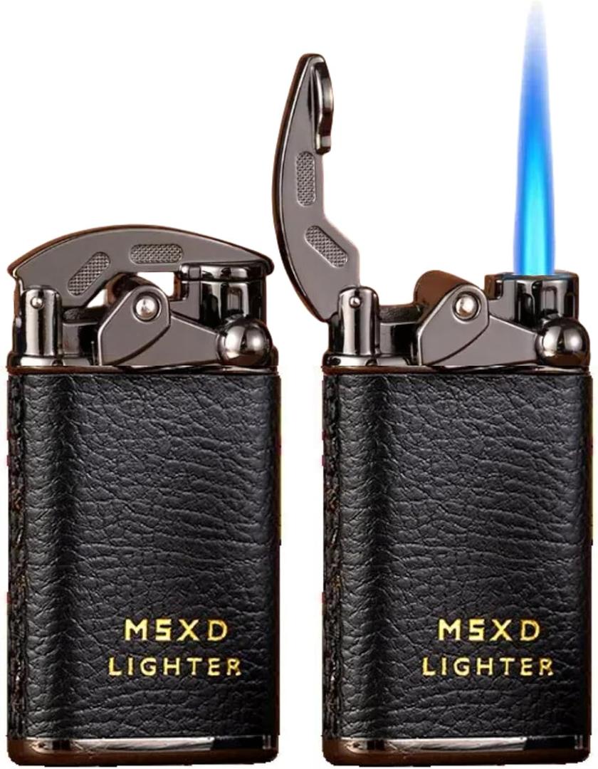 NINSI Mini Butane Torch Lighter, Cool Windproof Straight Flame Refillable Lighters, Leather Vintage Metal Rocker Lighter for Candles, Camping (Shipped Without Gas) (Black)