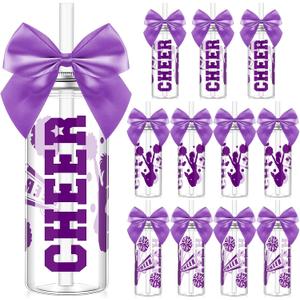 Teenyyou 12 Pcs Purple Cheerleader Gift Bulk for Team Cheer Cups 14 oz Bow Water Bottle Plastic Cheer Tumblers with Lid and Straw for Cheerleader Sport Party Favor Gift