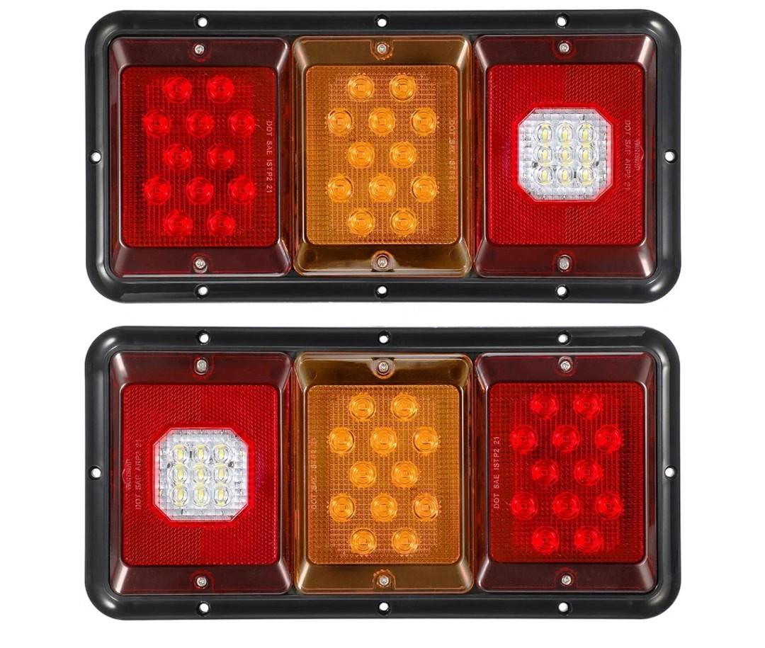 Partsam 2x LED Triple Tail Lights 45 LEDs Rectangle Vertical Horizontal Mount LED Trailer Truck Camper RV Stop Turn Tail Lights Backup Reverse Taillights w Gasket Black Base Amber/Red/Clear Lens 12V