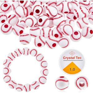 Taiyin 200 Pcs Baseball Beads with 1 Roll of Elastic Rope 10.5 mm Acrylic Beads for Jewelry Making Softball Sports Craft Supplies DIY Making (Baseball Style)