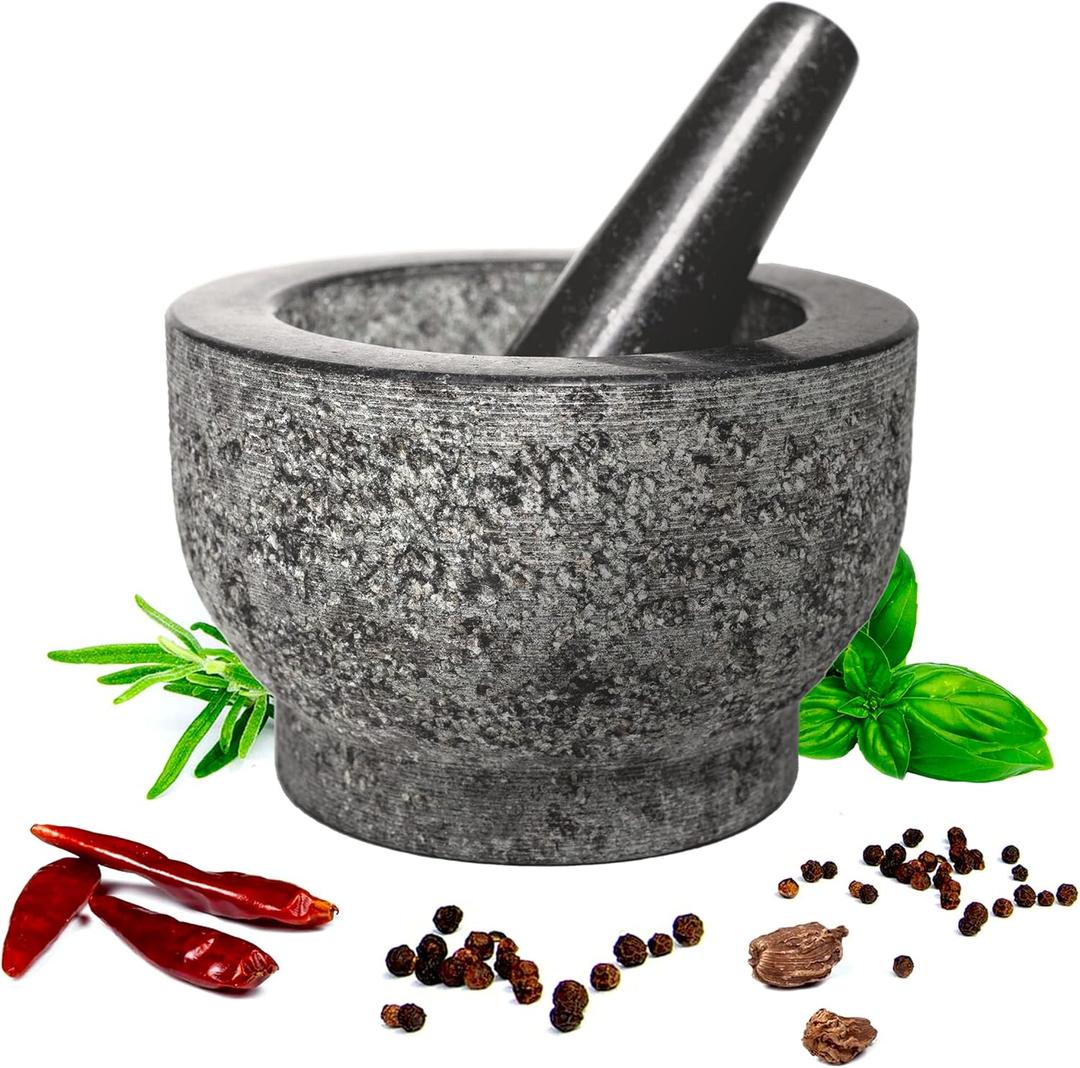 HiCoup Mortar and Pestle Set - 6 Inch Granite, Large Molcajete Bowl with Stone Grinder - Spice, Herb and Avocado Masher for Guacamole, Salsa and Pesto - Holds 2 Cups (6 Inches)