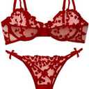 Lilosy Sexy Underwire Cute Push Up Strappy Embroidered Mesh Sheer Lingerie Set See Through Panty Bra, Medium
