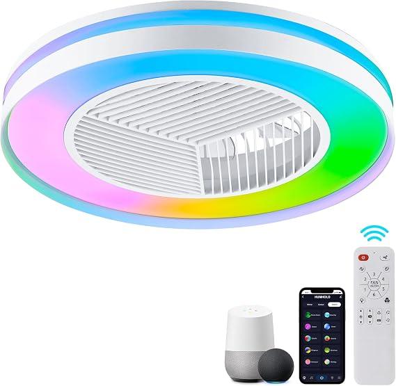 HUMHOLD Smart Low Profle Ceiling Fans with RGB Lights Remote/APP/Voice Control, 20" Bladeless Ceiling Fans with 6 Speeds, Timer, Quiet DC Motor, Ceiling Fan with Light for Kids Bedroom/Living Room