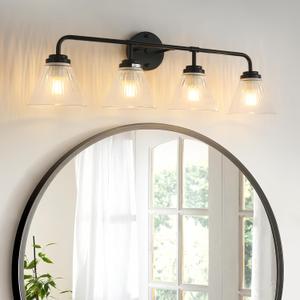 Modern Black Bathroom Vanity Light, 4-Light Wall Sconce with Clear Ribbed Glass Shades, Farmhouse Industrial Light Fixture for Bathroom, Vanity Mirror, Powder Room, Hallway (black, Powder Coated, 4)