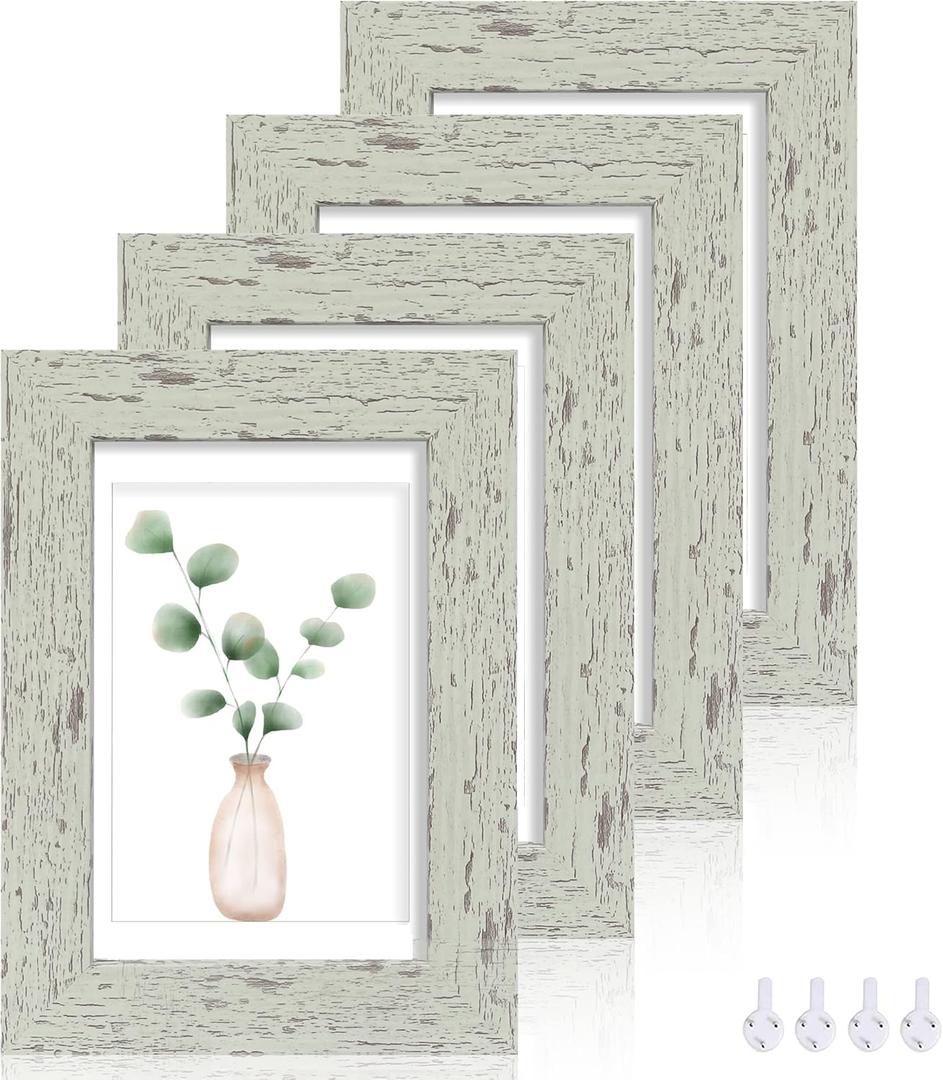 5x7 Picture Frame Set of 4, Made of Real Glass and Sage Green Wooden Frame, 5 by 7 Photo for Wall or Tabletop - Display Picture 4x6 with Mat or 5x7 Without Mat