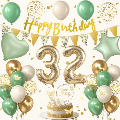 32nd Sage Green Birthday Decorations, Boho Green White Gold Balloons Decorations for Girls, Happy 32 Birthday Party Supplies with Happy Birthday banner, Number Foil Balloon, Butterfly Cake Topper