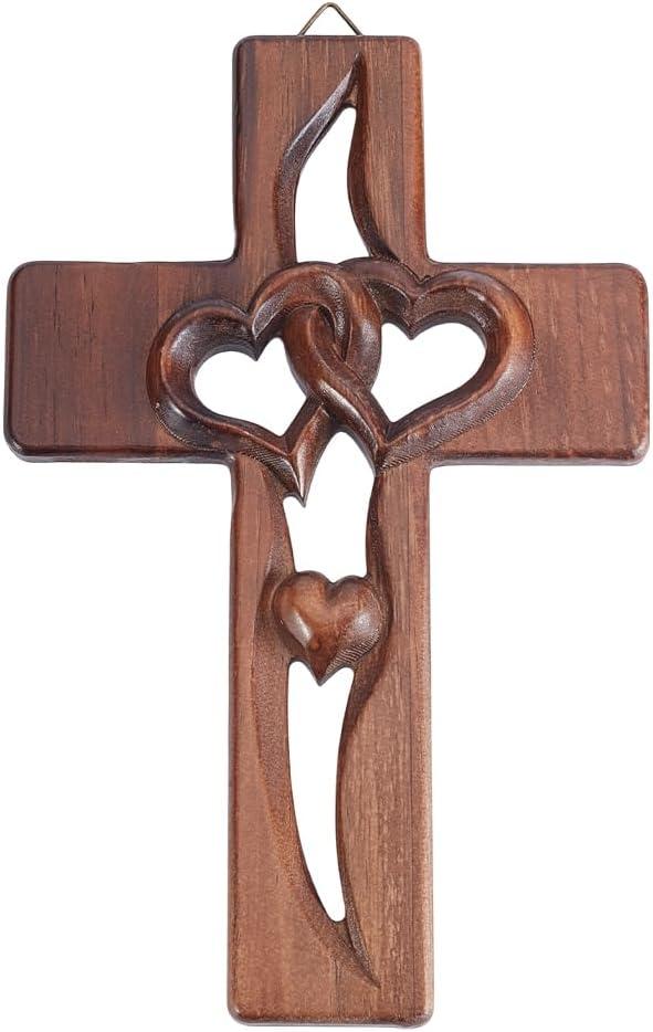 HOBBIESAY 1Pc Marriage Cross for Wall Love Wall Decor Coffee Brown Handcarved Wood Cross with Intertwined Hearts, Crosses Decor Hand Made Hanging Art Decor Grift for Wedding (9.8"L x 6.3"W)