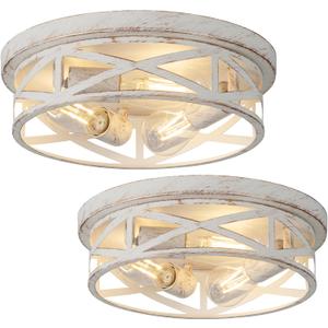 2 Pack Close to Ceiling Light Fixtures, 3-Lights Cage Flush Mount Ceiling Light, 13 Inch White and Gold Semi Flush Mount Ceiling Light for House Bedroom Laundry Hallway Kitchen