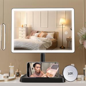 FUNTOUCH Rechargeable Makeup Vanity Mirror with Lights, Large Lighted Desk Makeup Mirror with 96 LED Lights and 10x Magnifying, 3 Color Lighting, Make up Light Mirror with Phone Holder