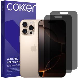 COKER 2PACK Privacy Screen Protector for iPhone 16 Pro Max, Anti Spy, 9H Hardness Shatterproof, Anti-Scratch, Anti-Fingerprint, Touch Sensitive PET Film, Blue Light Filter, Easy Install