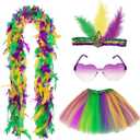 Fumwase 4PCS Mardi Gras Costume Accessories Set Includes Feather Fascinator Headband Faux Feather Boa Mardi Gras Outfits Tutus Skirt Heart Sunglasses Colorful for Men Women Halloween Party