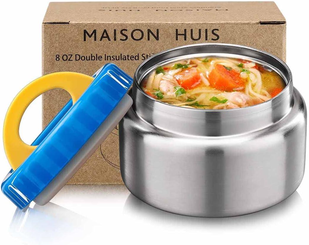 MAISON HUIS 8oz Soup Thermo Wide Mouth Vacuum Insulated Stainless Steel Food Jar, Leak Proof for Hot&Cold Food Kids Lunch Container for School Travel (Blue)