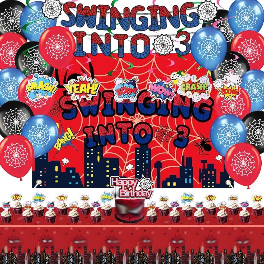 3 Spider Theme Birthday Party Supplies Decorations Including Birthday Banner, Backdrop, Balloons, Hanging Swirls, Tablecloth, Cake Toppers for Spider Party