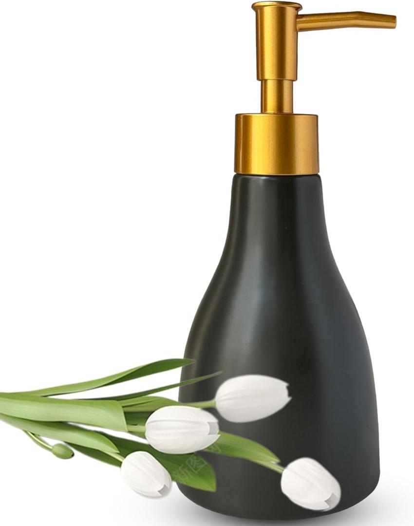 280ml Black Ceramic Liquid Soap Dispenser for Bathroom & Kitchen with Gold Pump,Refillable Countertop Hand Sanitizer Bottle,Chic Home Deco(Cone Black Bottle)