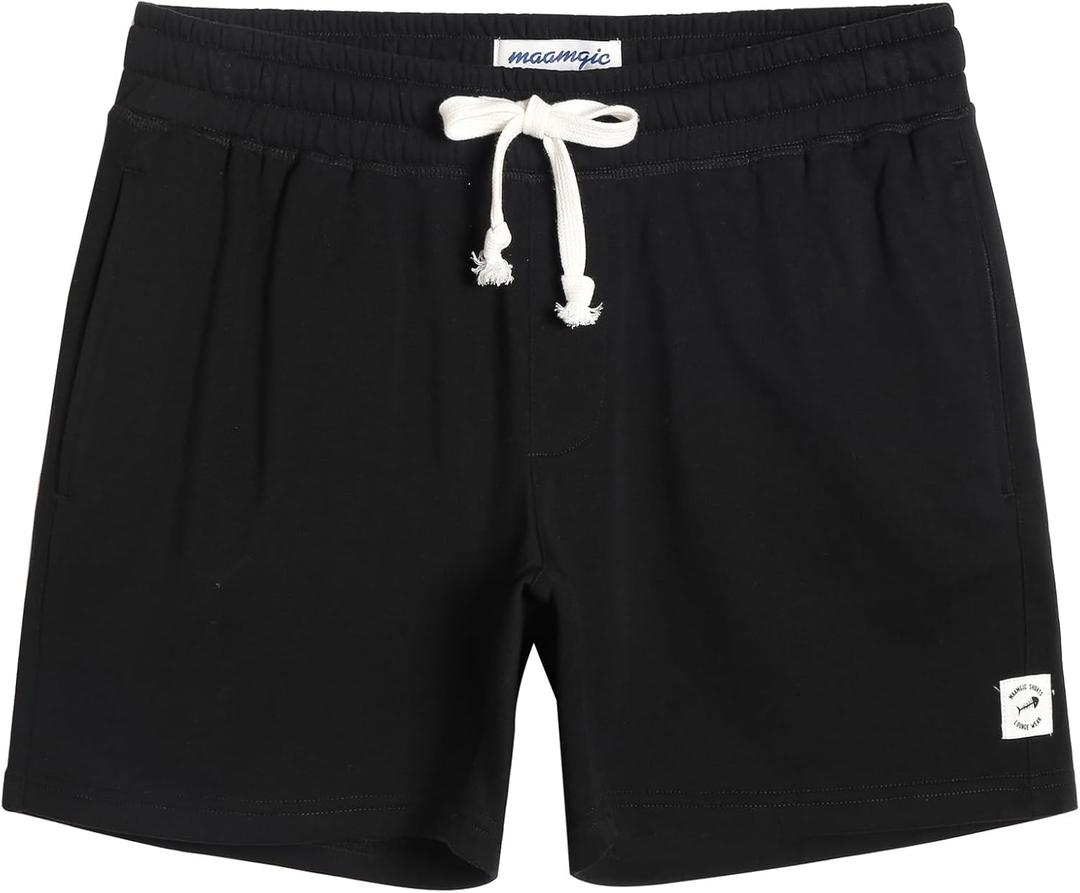 maamgic Mens Athletic Gym Shorts 5/7" Elastic Waist Casual Pajama Pocket Jogger Men Workout Short Pants (Black, L)