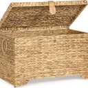 Handwoven Storage Basket with Lid, 165L Wicker Storage Bin, Natural Water Hyacinth, Leather Buckle & Metal Frame, Metal Ring Handles for Easy Transport, Storage Chest & Trunk for Bedroom, Living Room