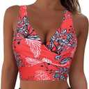 Firpearl Women's Underwire Bikini Tops Only - Longline Swimsuit Top Criss Cross Push Up Swim Crop Top (14, Red Floral)